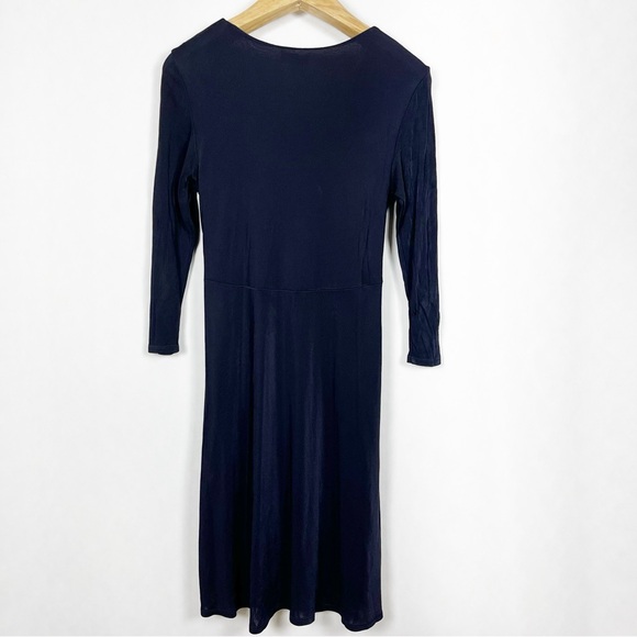 EUC Aritzia Babaton Navy‎ Blue Long Sleeve Dress V-Neck Size Large Ruching Front - Picture 9 of 13